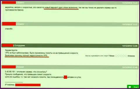 Интернет-переписка с технической поддержкой хостер провайдера, где хостился сайт ffin.xyz, по сложившейся ситуации с блокированием веб-сервера