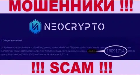 Номер регистрации Neo Crypto - данные с официального web-портала: 216091714