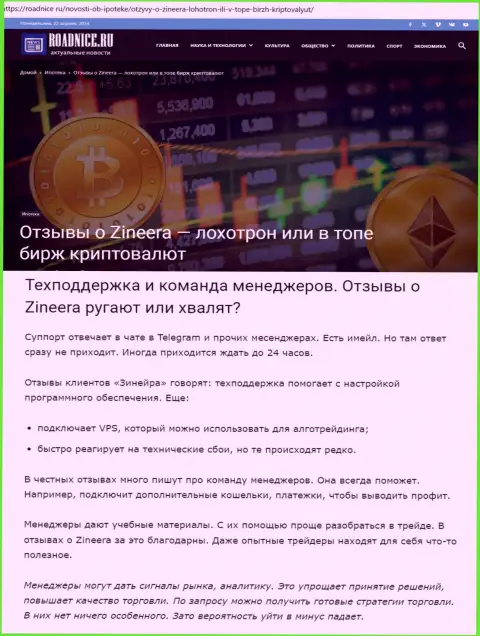 Как оказывает услуги отдел службы технической поддержки биржевой организации Зиннейра Ком, в обзорном материале на интернет-портале Roadnice Ru