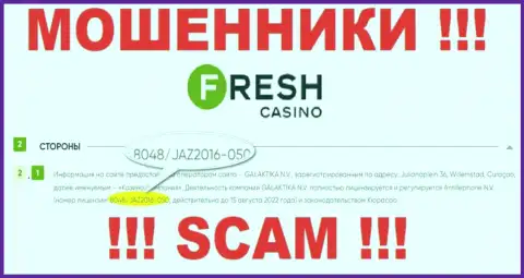 Лицензия, которую обманщики Fresh Casino представили на своем веб-сервисе