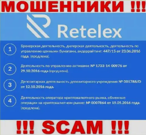 Retelex Com, задуривая голову лохам, предоставили у себя на сайте номер своей лицензии