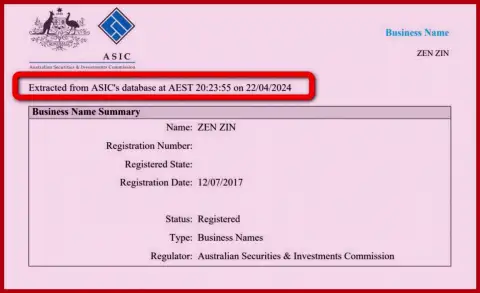 Документ, доказывающий присутствие регистрации у компании Zinnera