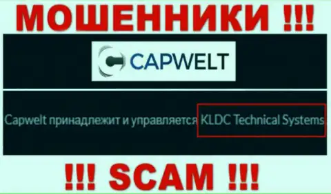 Юридическое лицо организации КапВелт - это KLDC Technical Systems, информация позаимствована с официального информационного портала
