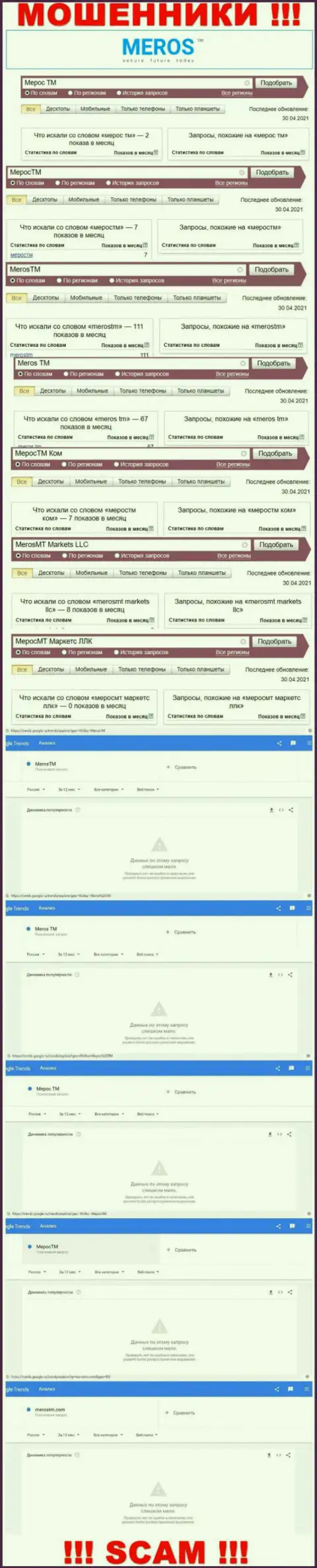 Детальная информация по числу онлайн запросов по мошенникам MerosTM во всемирной сети